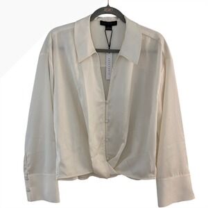 Sanctuary Women's Twist Front Satin Blouse Off White V-Neck Long Sleeves L